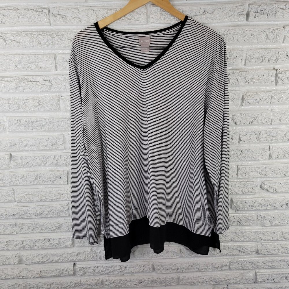 Chico's XXL (Size 4) Black White Striped Tunic Chiffon Hem V-Neck STR143E